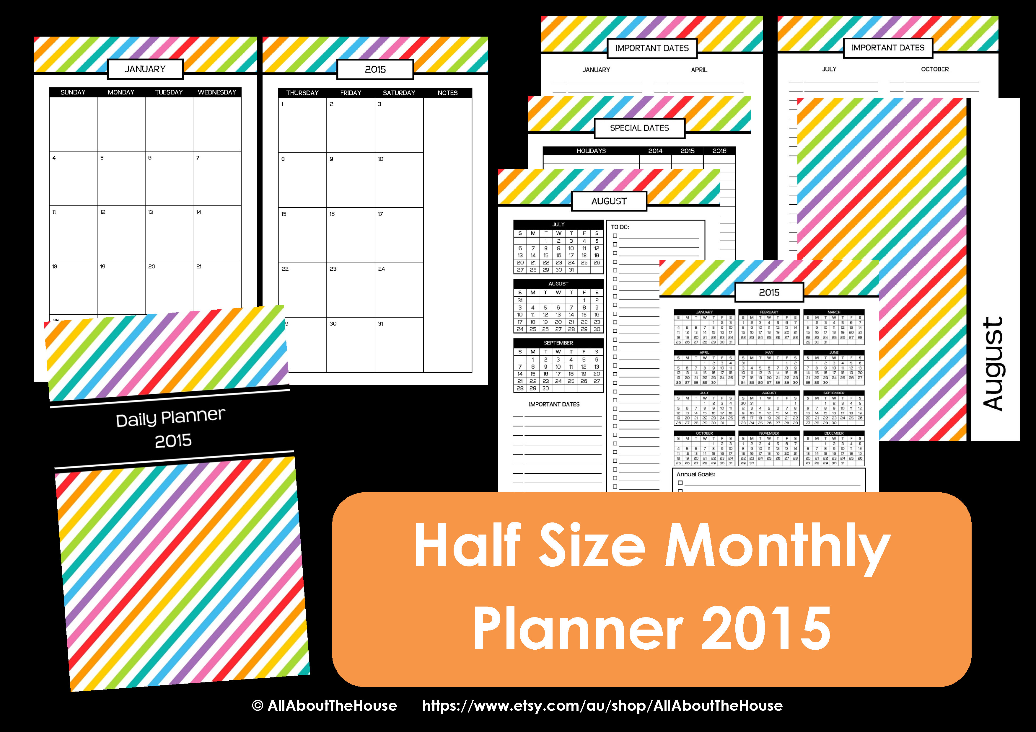 half size monthly calendar printable rainbow stripe preppy 8.5 x 5.5 simplified planer