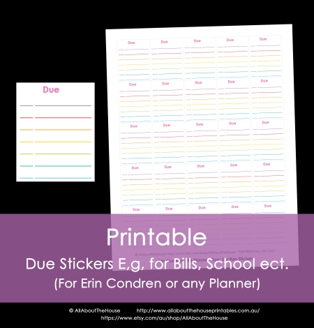 Due calendar stickers bills school work tasks list rainbow printable planner erin condren accessory